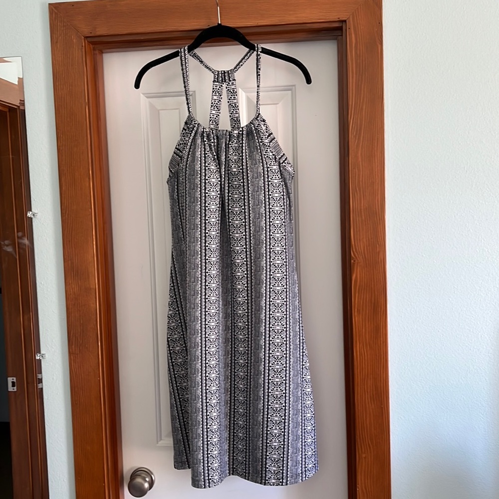 PrAna dress with built in bra. No pockets. Hits just above the knee.